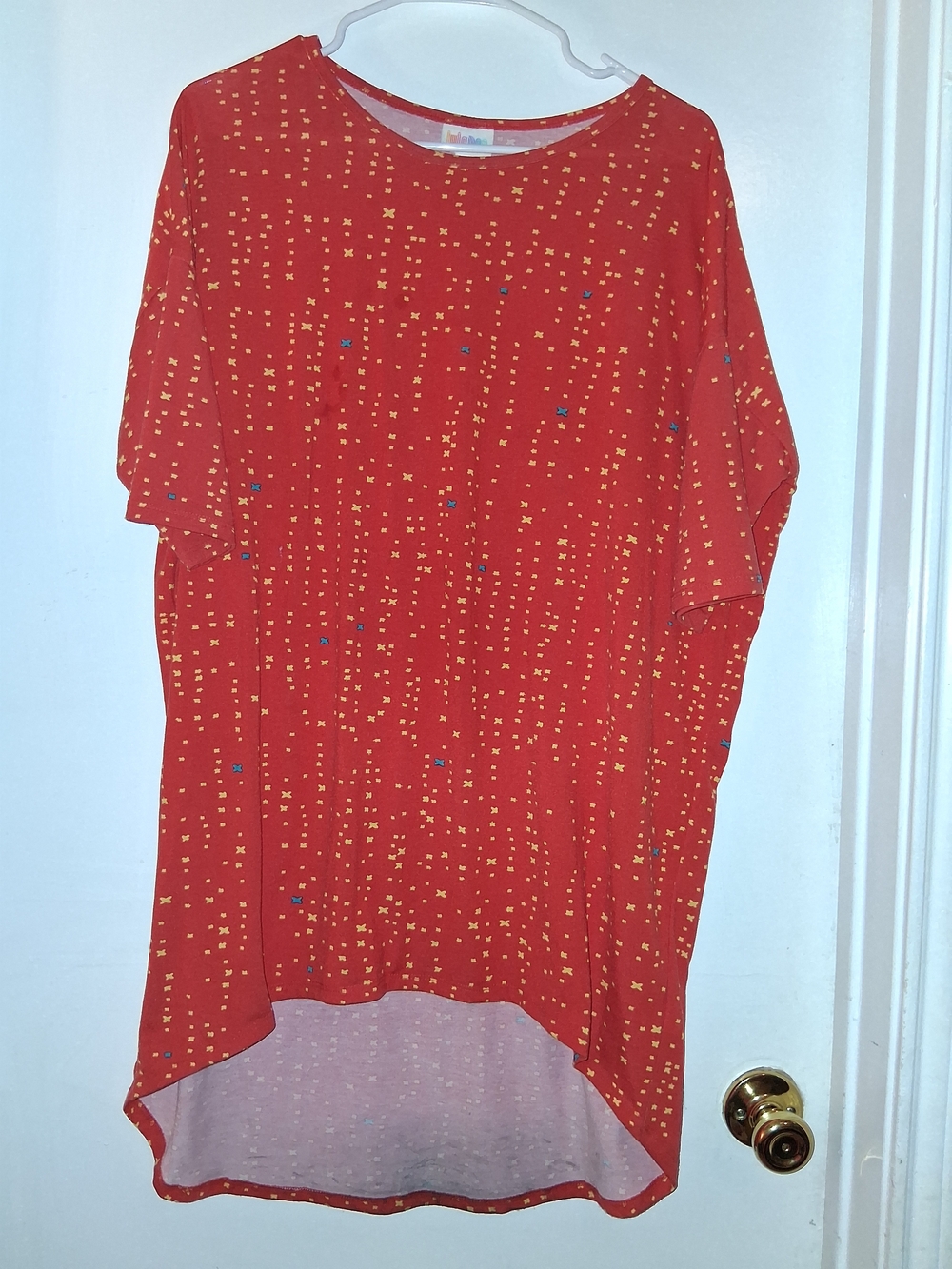LuLaRoe Red Short Sleeve Hi-Low Tunic with Yellow & Blue Dot Print